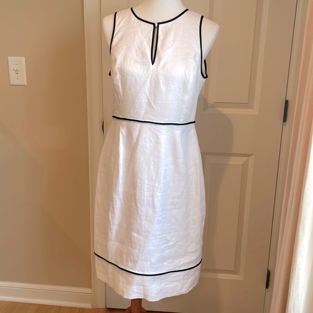 J. Crew Linen Sheath dress w/navy trim - white and blue - size 10
